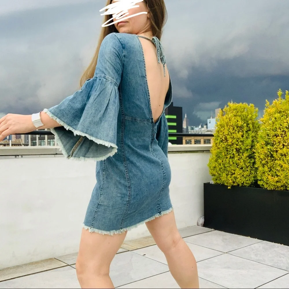 Free People Denim Fringed Raw Hem Flare Backless Dress - Picture 3 of 16